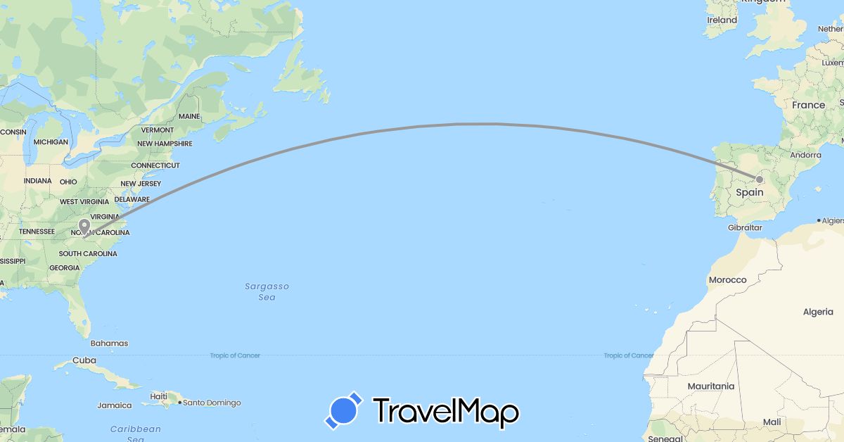 TravelMap itinerary: plane in Spain, United States (Europe, North America)